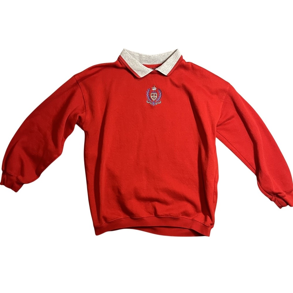 Women's Vintage‎ Red Collared Sweatshirt Embroidered Crest Pullover Size Medium